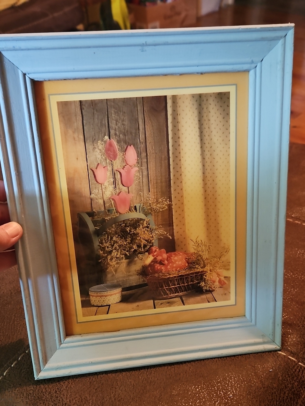 Vintage Light Blue Frame with Pink Floral Print And Red Quilted Duck